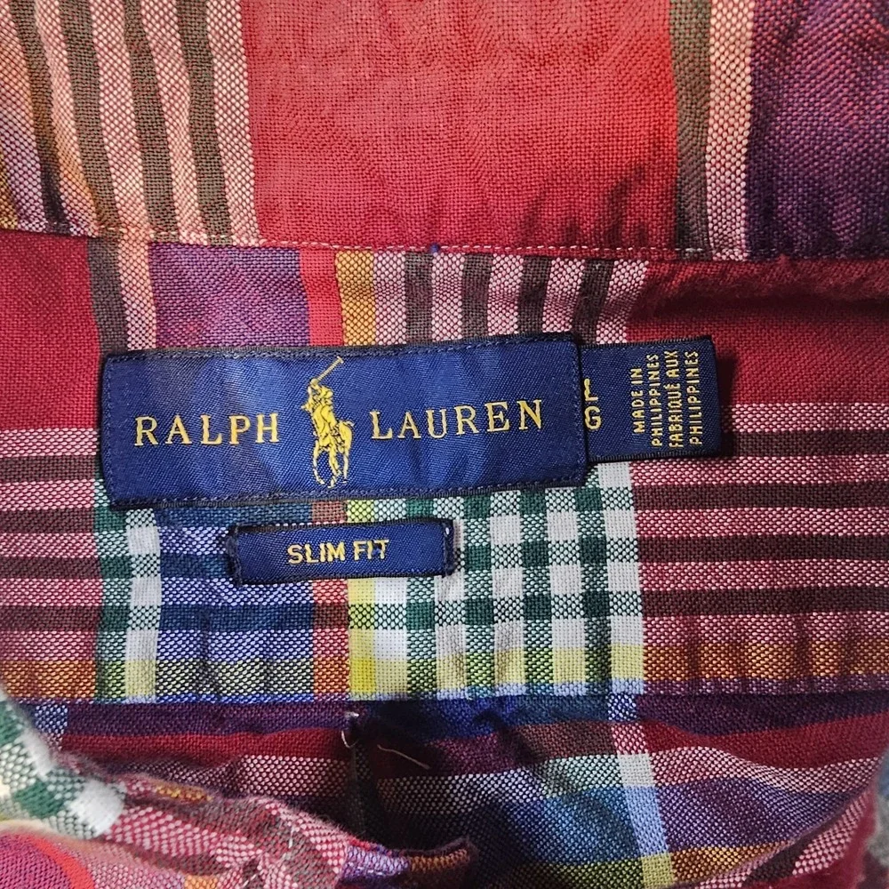 Ralph Lauren Slim Fit Madras Patchwork Plaid Button Down Shirt Mens Large Cotton
